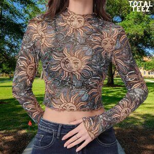 🌞 Sexy Sheer Sun/Moon Crop Top, Sheer Mesh, Size Medium, Brand New